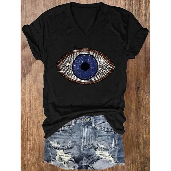 Women's T-Shirt 2D Print Evil Eye No Reinstones Short Sleeve Medium Size - Picture 1 of 13
